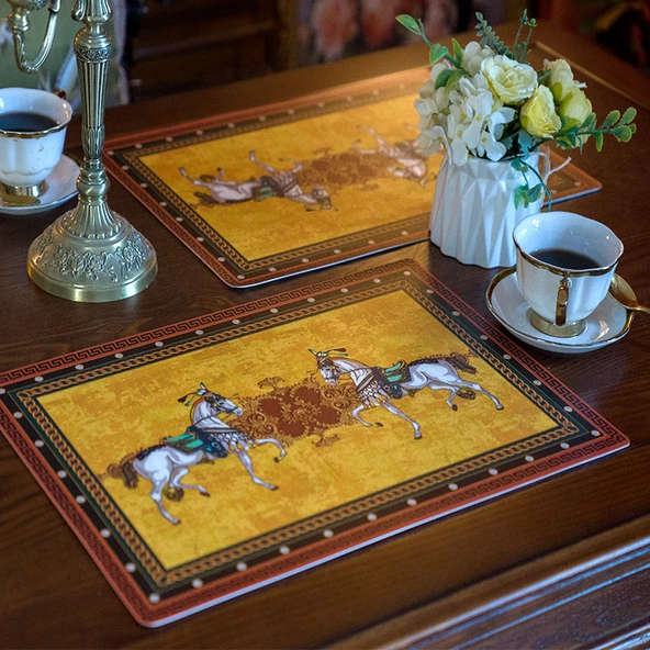Tay İşi Nakışlı Deri Amerikan Servisi - Dubai Millennium Sarı - 30x45cm