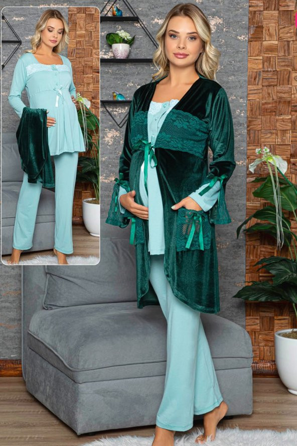 Hayal Sepeti 42433 Kadın Kadife Sabahlıklı 3lü Lohusa - Hamile Pijama Takımı