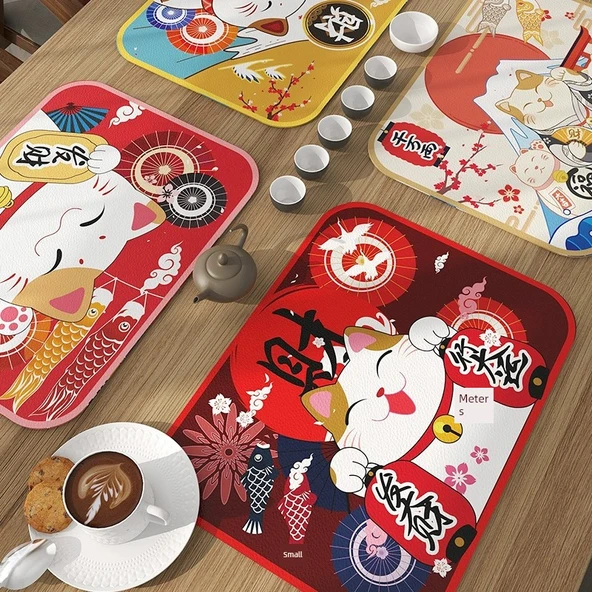 Japon Tarzı PVC Supla Bardak Altlığı - Şanslı Kedi B 30x40cm (2'li Paket) - 2