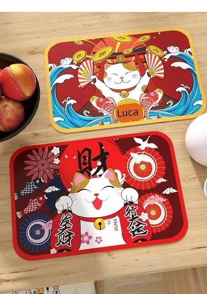 Japon Tarzı PVC Supla Bardak Altlığı - Şanslı Kedi B 30x40cm (2'li Paket) - 8