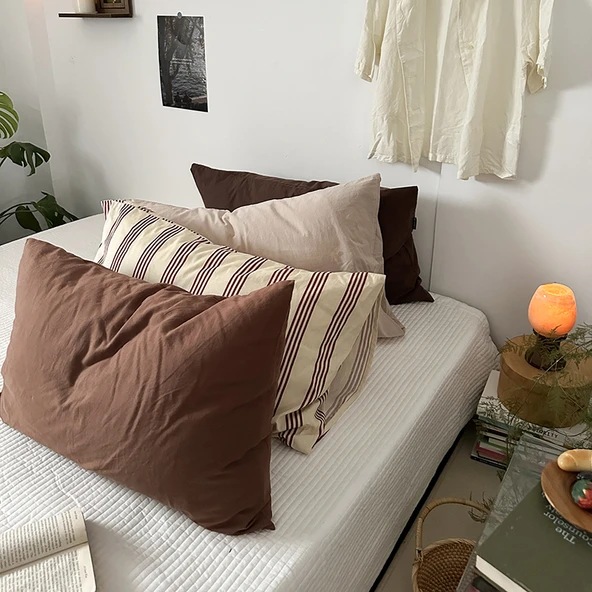 Leke Tutmaz Pamuklu Gingham Desenli Yastık Kılıfı 48x74cm - Kahverengi (Pamuklu Dimi) - 3
