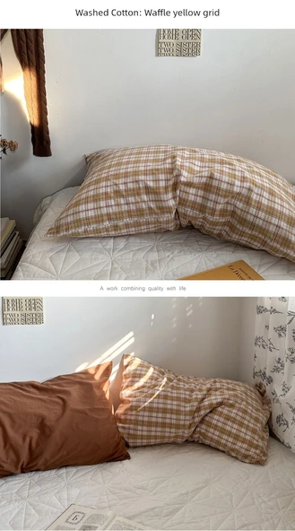 Leke Tutmaz Pamuklu Gingham Desenli Yastık Kılıfı 48x74cm - Yulaf Pirinç (Yıkanmış Pamuk) - 10