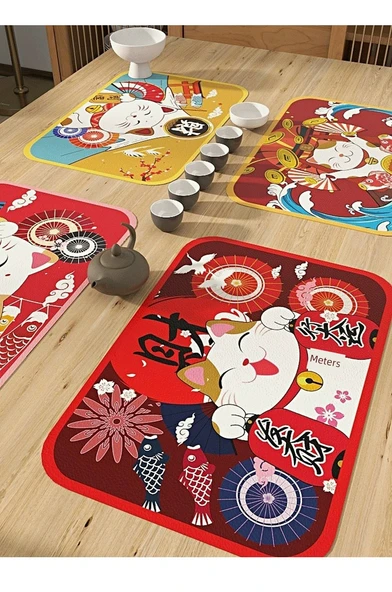 Japon Tarzı PVC Supla Bardak Altlığı - Şanslı Kedi A 40x60cm (2'li Paket) - 7