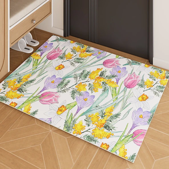 Fransız Tarzı Giriş Kapısı Paspası Suluboya Büyük Çiçek Desenli - 50cm x 80cm