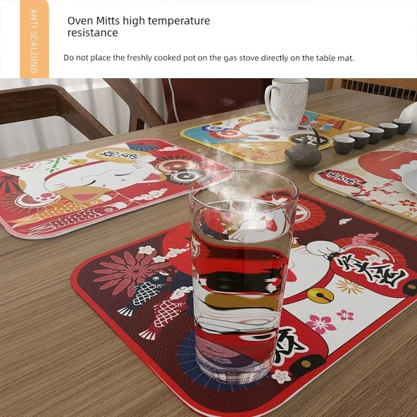 Japon Tarzı PVC Supla Bardak Altlığı - Şanslı Kedi A 40x60cm (2'li Paket) - 4