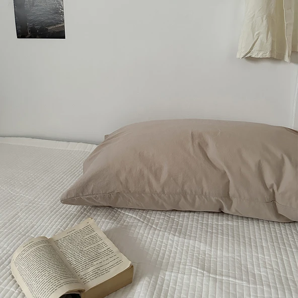 Leke Tutmaz Pamuklu Gingham Desenli Yastık Kılıfı 48x74cm - Yulaf Pirinç (Yıkanmış Pamuk)