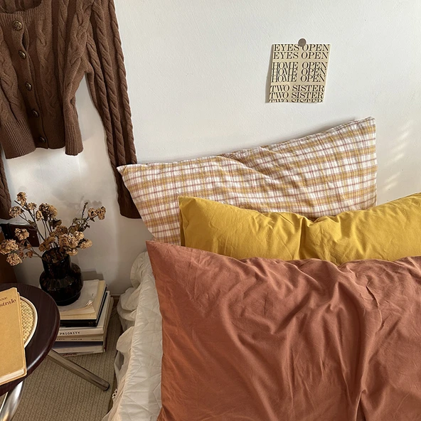 Leke Tutmaz Pamuklu Gingham Desenli Yastık Kılıfı 48x74cm - Karamel (Yıkanmış Pamuk) - 5