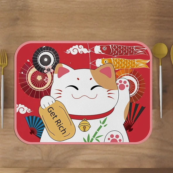 Japon Tarzı PVC Supla Bardak Altlığı - Şanslı Kedi C 40x50cm (2'li Paket)