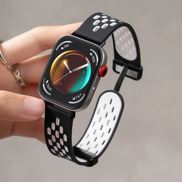 Huawei Fit 2 Vitality Fashion Elegant Uyumlu Siyah Beyaz Silikon Kordon + Ekran Koruyucu Film