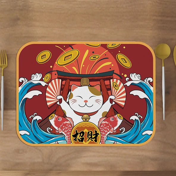 Japon Tarzı PVC Supla Bardak Altlığı - Şanslı Kedi G 30x40cm (2'li Paket)