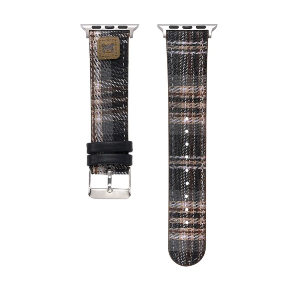 Ekose Desenli Apple Watch Kordonu 44mm (4~6. Nesil/SE) Siyah Gri Tek Katmanlı Film
