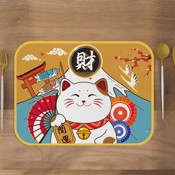 Japon Tarzı PVC Supla Bardak Altlığı - Şanslı Kedi B 40x50cm