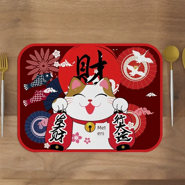 Japon Tarzı PVC Supla Bardak Altlığı - Şanslı Kedi D-1 40x50cm (2'li Paket)