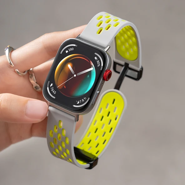 Huawei Fit 3 Uyumlu Gri Sarı Silikon Kordon + Ekran Koruyucu Film
