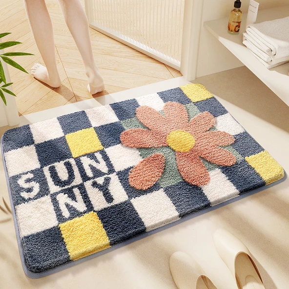 Kaymaz Banyo Paspası - 50x80cm - Kareli Mavi Desenli
