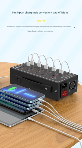 25 Port 150W USB Şarj Aleti Fanlı ABS Kasa + 10 Type-C Kablo - 9