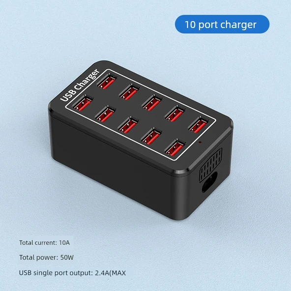 10 Port 50W USB Şarj Aleti Soğutma Delikli ABS Kasa