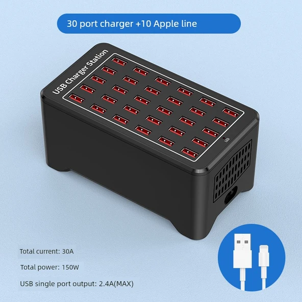 30 Port 150W USB Şarj Aleti Fanlı ABS Kasa + 10 Apple Uyumlu Kablo