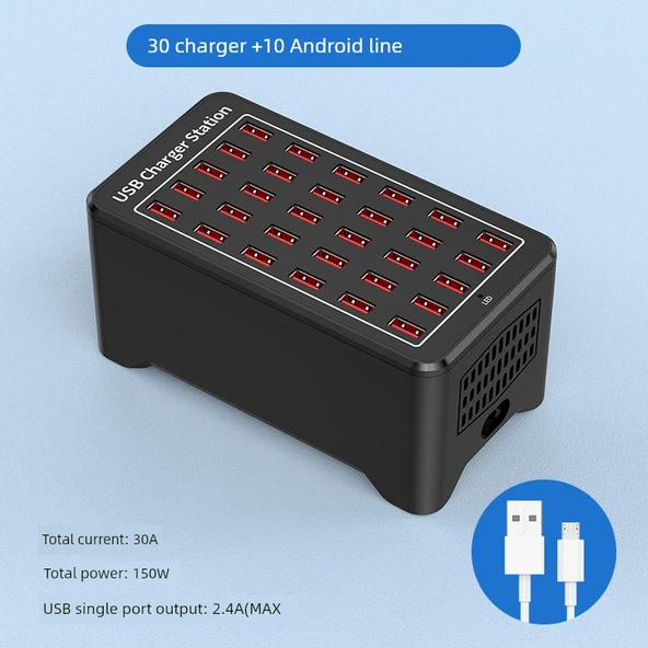30 Port 150W USB Şarj Aleti Fanlı ABS Kasa + 10 Android Uyumlu Kablo