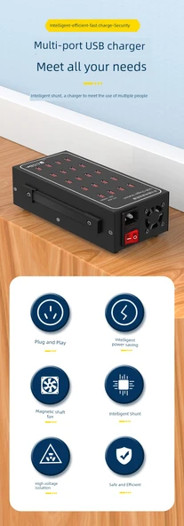 25 Port 150W USB Şarj Aleti Fanlı ABS Kasa + 10 Apple Uyumlu Kablo - 7