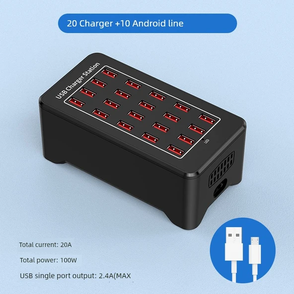 20 Port 100W USB Şarj Aleti Fanlı ABS Kasa + 10 Android Uyumlu Kablo