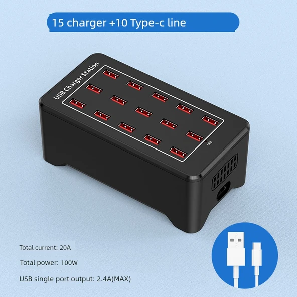 15 Port 100W USB Şarj Aleti Fanlı ABS Kasa + 10 Type-C Kablo