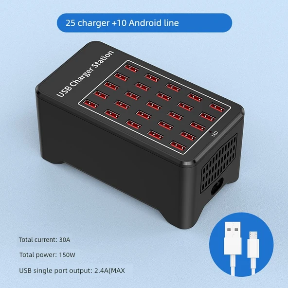25 Port 150W USB Şarj Aleti Fanlı ABS Kasa + 10 Android Uyumlu Kablo