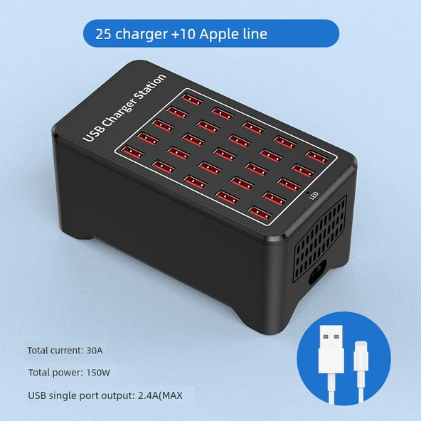 25 Port 150W USB Şarj Aleti Fanlı ABS Kasa + 10 Apple Uyumlu Kablo