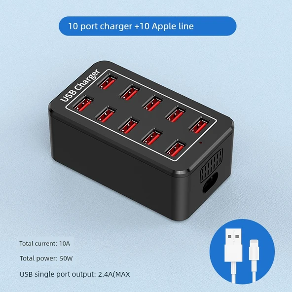 10 Port 50W USB Şarj Aleti Soğutma Delikli ABS Kasa + 10 Apple Uyumlu Kablo