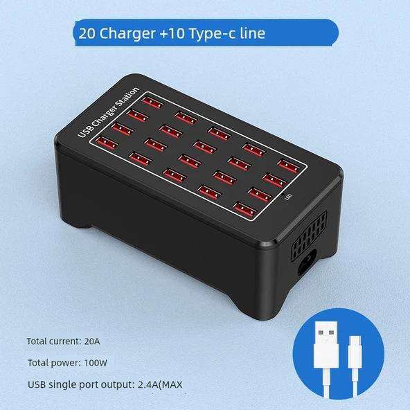 20 Port 100W USB Şarj Aleti Fanlı ABS Kasa + 10 Type-C Kablo