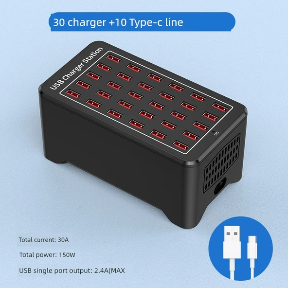 30 Port 150W USB Şarj Aleti Fanlı ABS Kasa + 10 Type-C Kablo