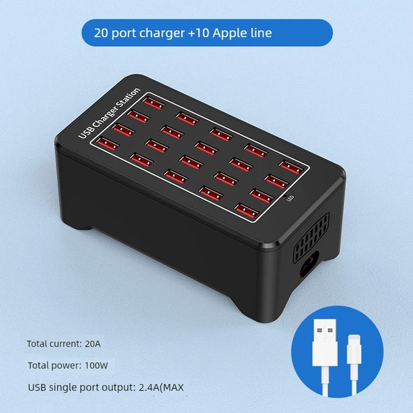 20 Port 100W USB Şarj Aleti Fanlı ABS Kasa + 10 Apple Uyumlu Kablo
