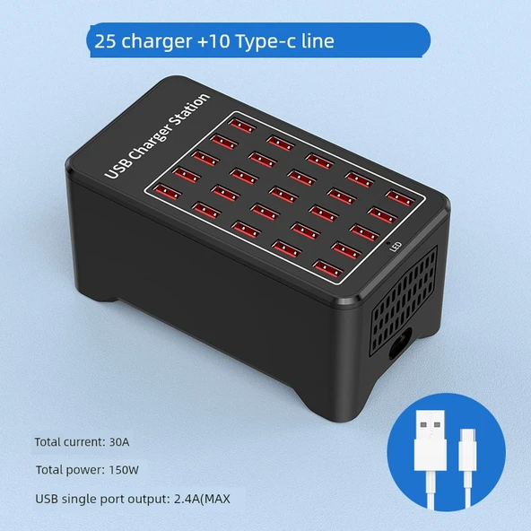 25 Port 150W USB Şarj Aleti Fanlı ABS Kasa + 10 Type-C Kablo