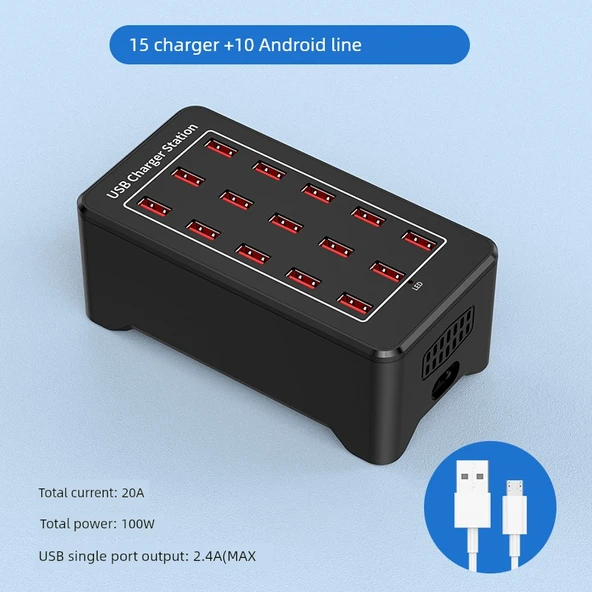 15 Port 100W USB Şarj Aleti Fanlı ABS Kasa + 10 Android Uyumlu Kablo