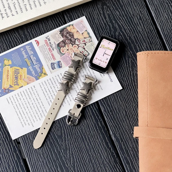 Huawei Bileklik 9/8 NFC Uyumlu Retro Deri Akıllı Bileklik Kordonu - Kayısı Rengi