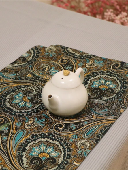 Su Geçirmez Zen Çay Matı - Etnik Desenli Brokar - Kahverengi Küçük 30x90cm - 3