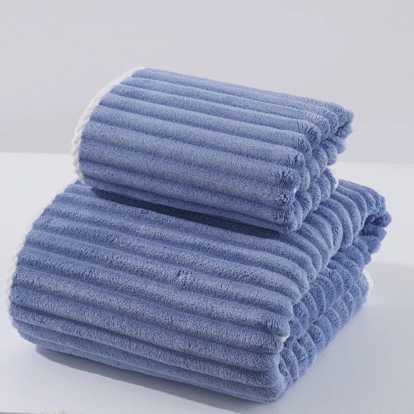 Mercan Polar Havlu Seti - Şeker Kadife Mavi (35x75 cm Havlu + 70x140 cm Banyo Havlusu)