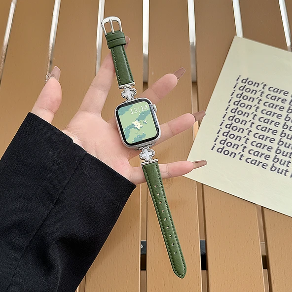 Redmi Watch 5 Uyumlu Yonca Desenli Yeşil Deri Kordon