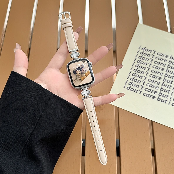 Xiaomi Bileklik 8pro Uyumlu Yonca Desenli Kayısı Deri Kordon