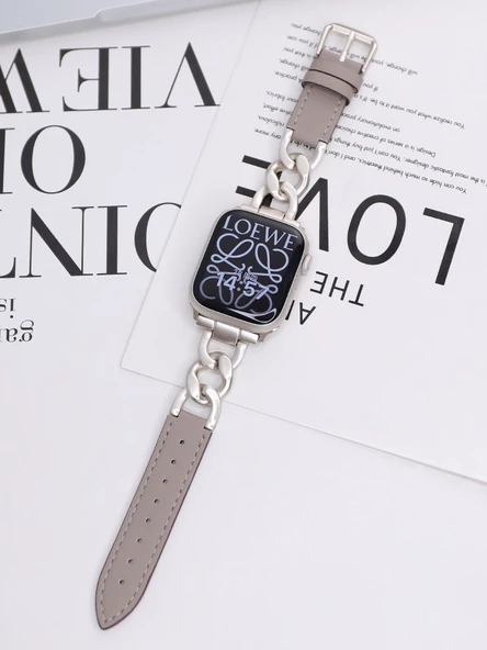 Apple Watch 44mm (4/5/6/SE Nesil) için Denim Zincir Yama Kayış - Haki - 1