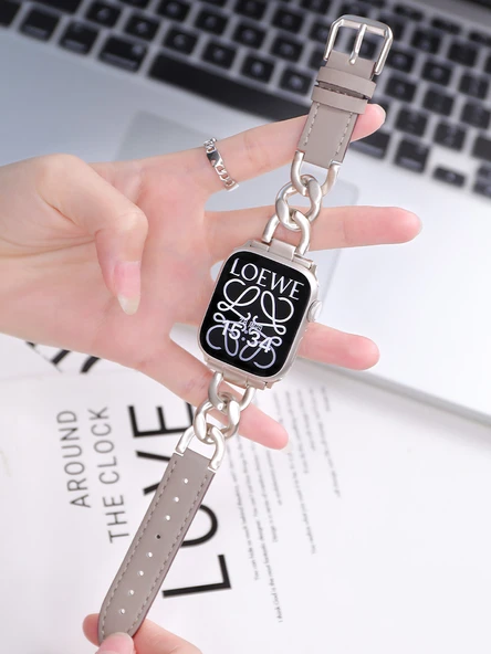 Apple Watch 44mm (4/5/6/SE Nesil) için Denim Zincir Yama Kayış - Haki - 2