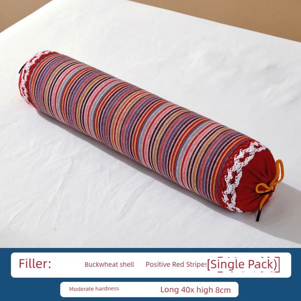 40x8 cm Tek Kişilik Kırmızı Çizgili Boyun Yastığı - Tam Buğday Dolgulu