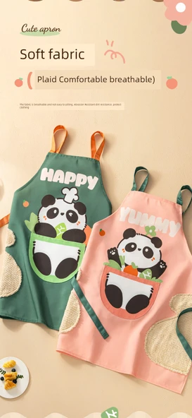 Su Geçirmez Mutfak Önlüğü - Panda Yeşil + Tavşan Kafe (2'li Paket) - 10