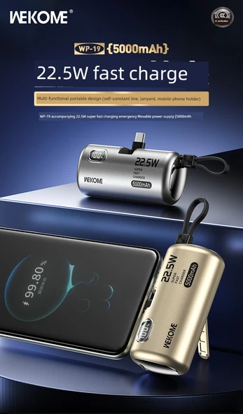 Wekome Capsule Mini 5000mAh Taşınabilir Şarj Aleti - Obsidyen Gece Siyahı - 5