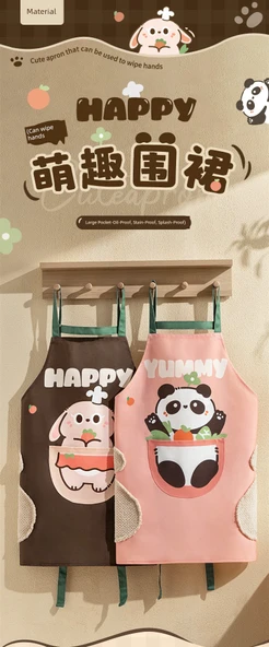 Su Geçirmez Mutfak Önlüğü - Panda Yeşil + Tavşan Kafe (2'li Paket) - 7