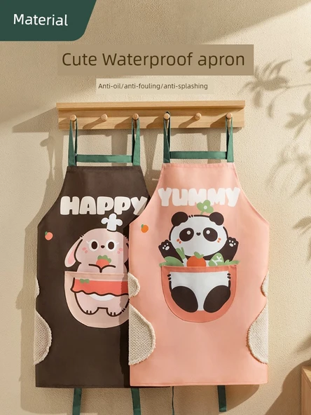 Su Geçirmez Mutfak Önlüğü - Panda Yeşil + Tavşan Kafe (2'li Paket) - 2