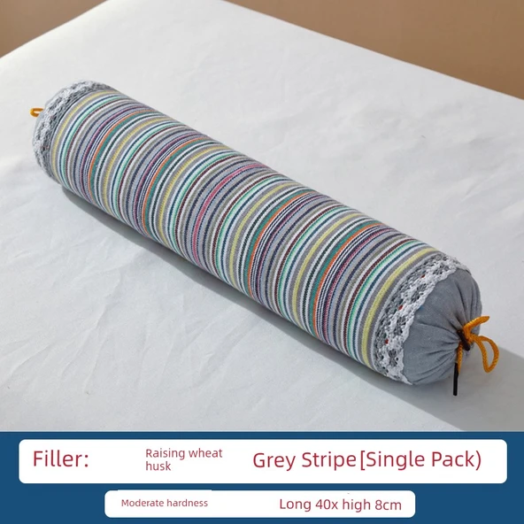 40x8 cm Tek Kişilik Gri Çizgili Boyun Yastığı - Tam Buğday Dolgulu