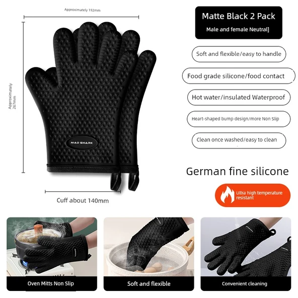 Mutfak Silikon Fırın Eldiveni - Mat Siyah - 2'li Paket
