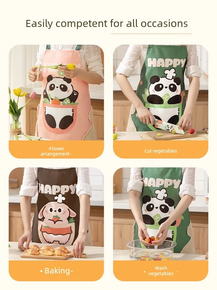 Su Geçirmez Mutfak Önlüğü - Panda Yeşil + Tavşan Kafe (2'li Paket) - 6