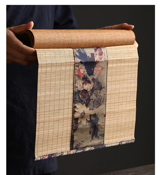 Xiangyun İpek Bambu Çay Matı - Mürekkep Lotus Desenli - 30x210 cm - 8